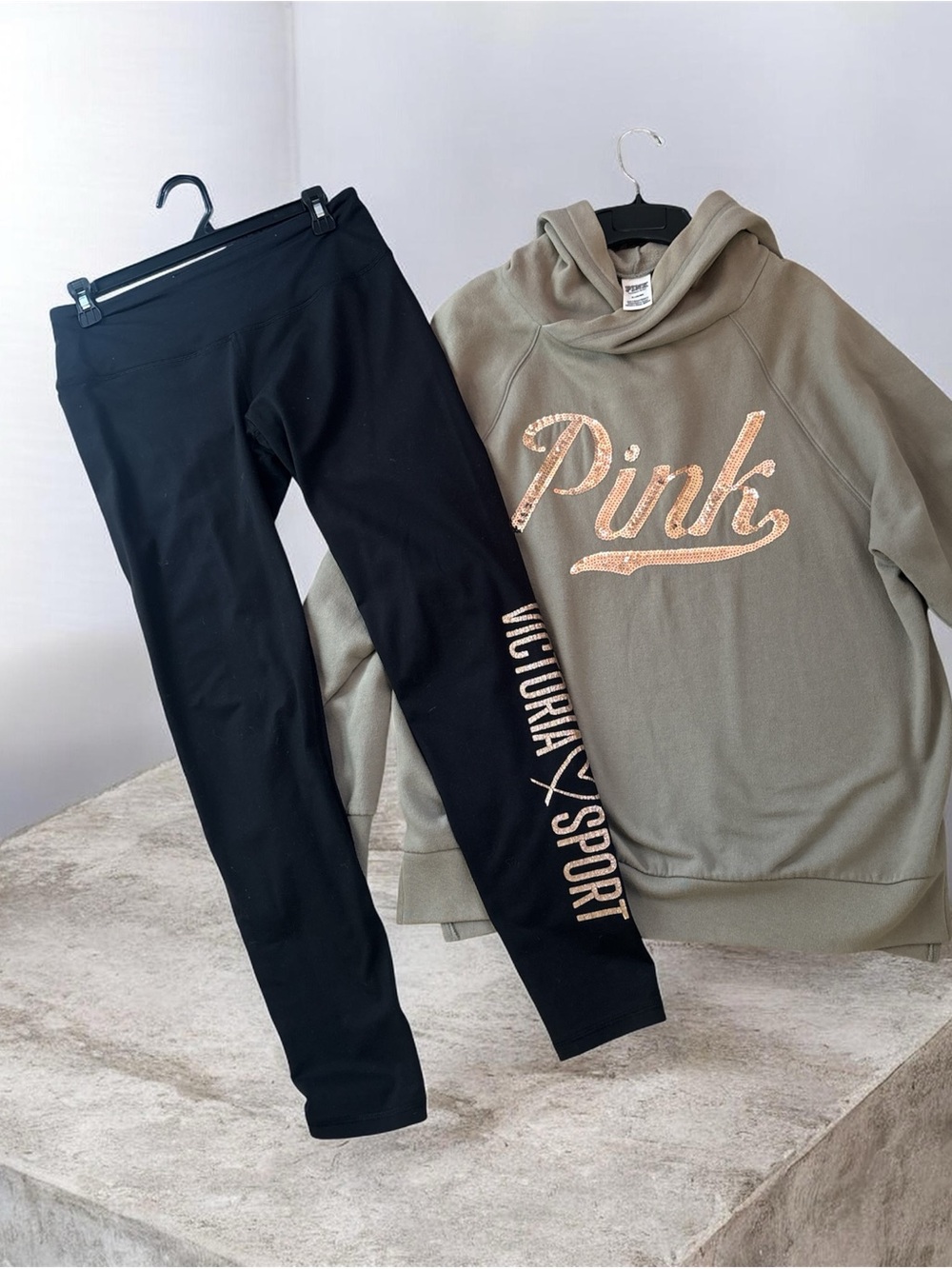 Victoria's Secret Black Leggings with Olive Hoodie and Pink Script Sequin